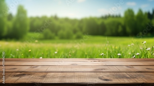 Wooden table in green field