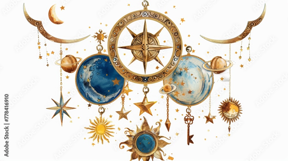 This cosmological spiritual design uses esoteric symbols such as moons ...