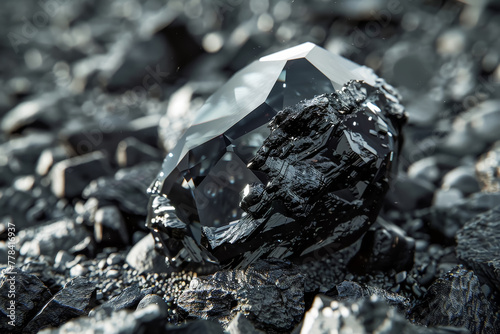 Realistic diamond resting on coal chunks
