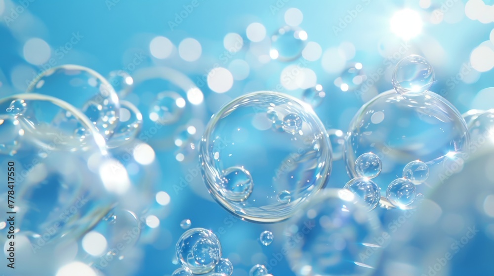 A 3D render with a blue abstract background, air bubbles, and a wallpaper with glass balls