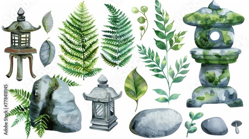 Various watercolor nature design elements. Green trees, fern leaves, stone lanterns and rocks. Isolated on white background. photo