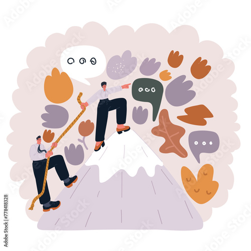 Cartoon vector illustration of business people climb to the top of the mountain, leader helps the team to climb the cliff and reach the goal, business concept of leadership and teamwork