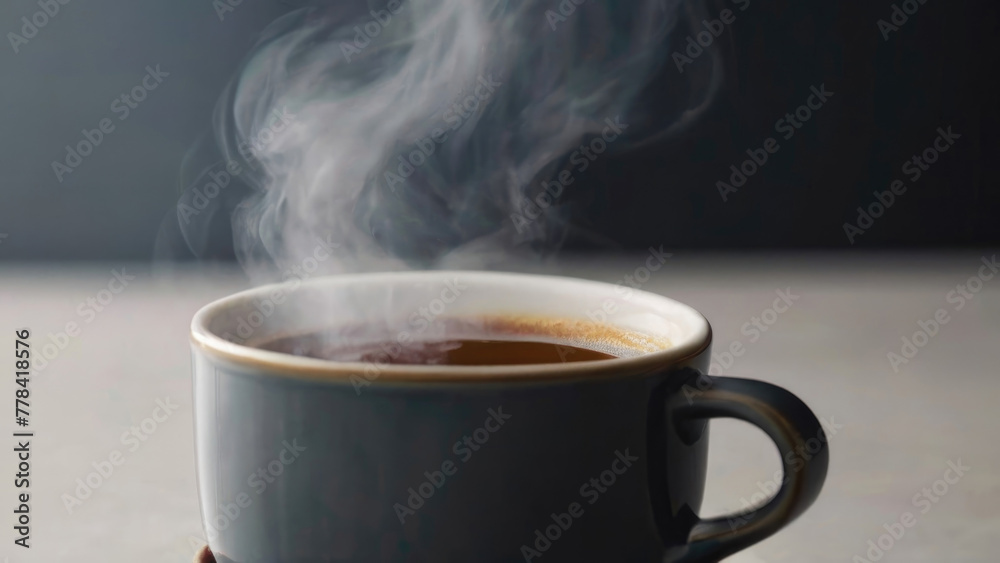 Close-up of a steaming black ceramic mug filled with a hot beverage, evoking warmth and comfort in a cozy ambiance. Perfect for coffee lovers and relaxation-themed designs Close-up of a steaming black ceramic mug filled with a hot beverage, evoking warmth and comfort in a cozy ambiance. Perfect for coffee lovers and relaxation-themed designs