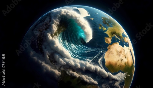 Earth with dramatic depiction of a tsunami visualization the tsunami’s immense scale and power concept of climate change effects 