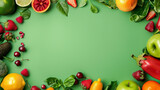A colorful collection of fresh vegetables and fruits forming a border on a green background with copy space