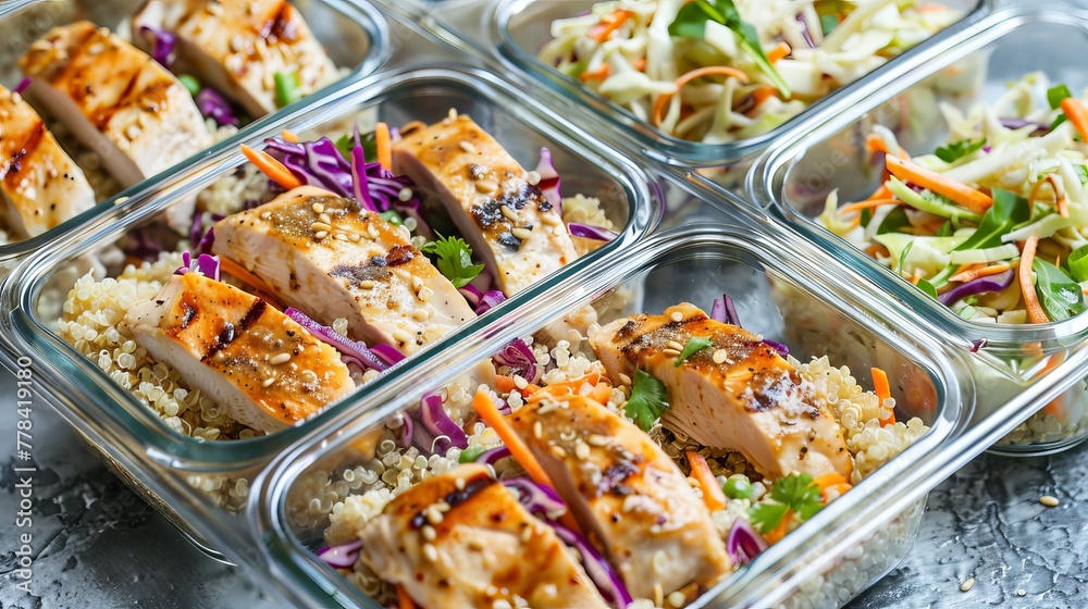 Meal prepping is made easy with these healthy containers. They're filled with quinoa, chicken, and coleslaw—a satisfying and nutritious combination.