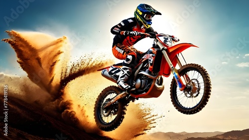 High-Speed Supercross  Dirt Bike Rider Soaring in Big Jump - Extreme Motocross Concept Art of Dynamic Action  Thrill  and Adrenaline Rush