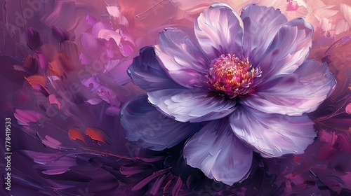 Oil painting of a beautiful purple flower with white petals