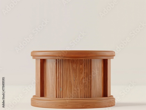 One brown wooden round cylinder product stage podium on orange background. Minimal fashion theme. Geometry exhibition stage mockup concept. 3D illustration rendering graphic design