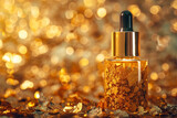 Cosmetic oil with floating gold flakes in a transparent bottle with golden cap