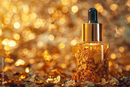 Cosmetic oil with floating gold flakes in a transparent bottle with golden cap