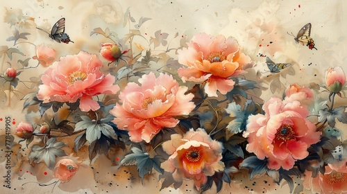 Wallpaper Mural Watercolor illustration of pink peonies with butterflies on the petals Torontodigital.ca