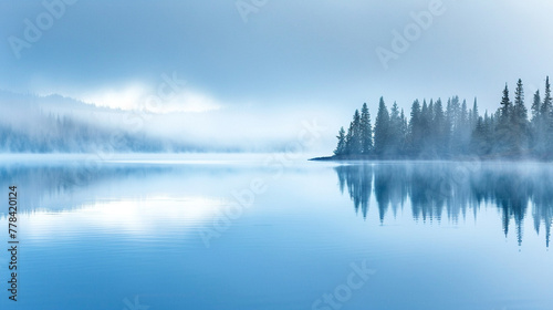 A tranquil lake at dawn, mist hovering above the water, embodying perfect calm