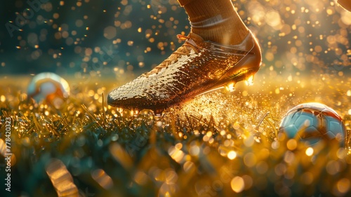 Close-up of golden soccer cleats kicking a ball on lush green grass photo