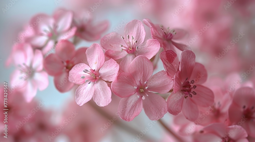   A close-up of a cluster of pink blossoms on a twig, surrounded by a clear blue sky