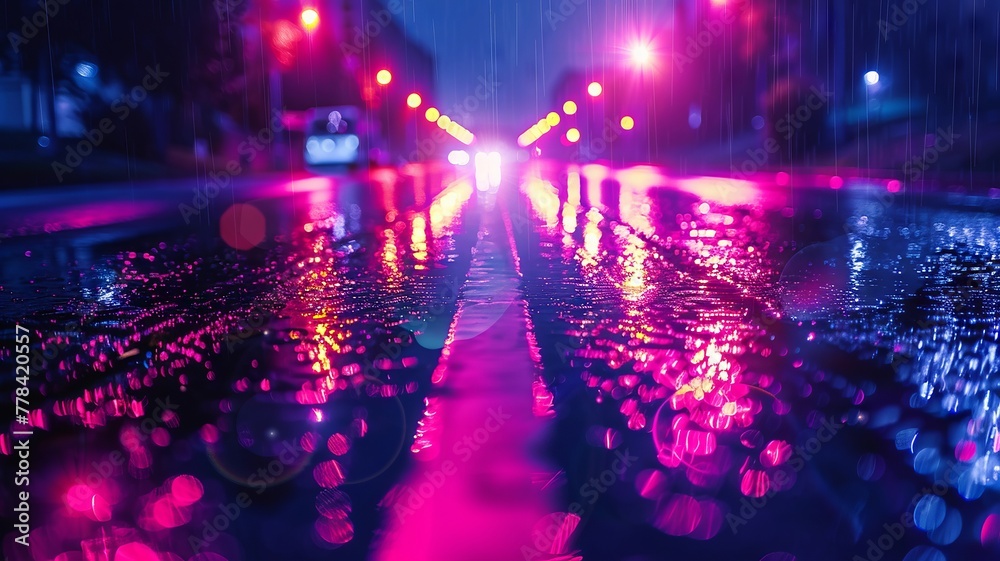 Wet urban road at night, encased in the hues of a magenta neon outline