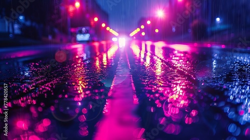 Wet urban road at night, encased in the hues of a magenta neon outline © deafebrisa