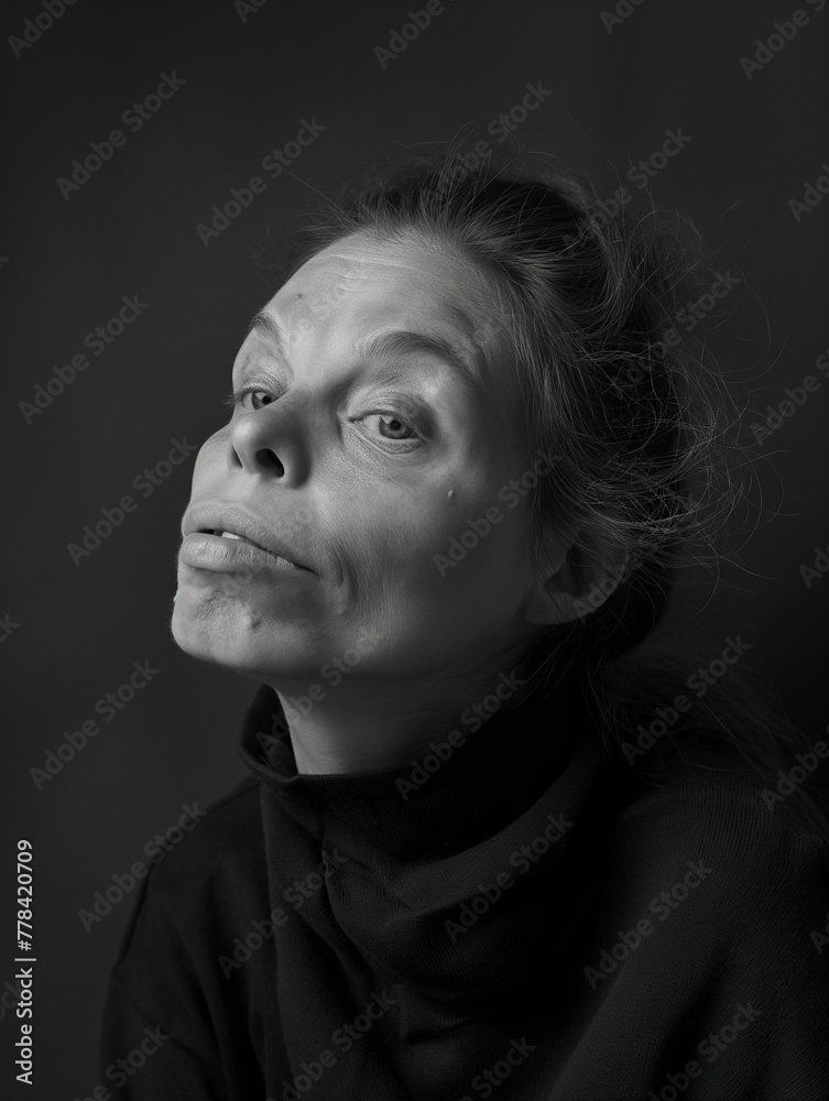 Black and white art portrait of a person with handicap, studio photograph of a disabled woman posing, sitting against dark background, wearing dark sweater, her face is lit, serious expression Black and white art portrait of a person with handicap, studio photograph of a disabled woman posing, sitting against dark background, wearing dark sweater, her face is lit, serious expression