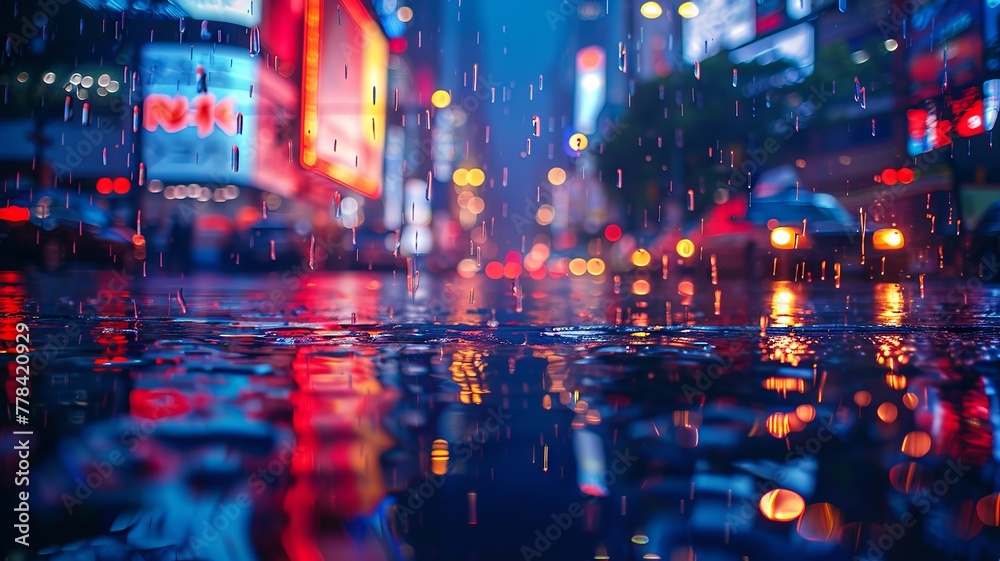 Evening drizzle in a cityscape, surrounded by the ambient light of a neon rectangle