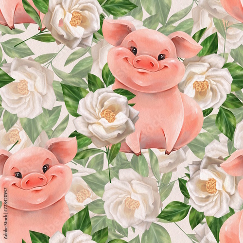 Seamless pattern with cute piglet and flowers. Floral design for background, wrapping paper, cards, textile.