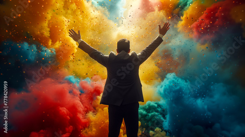 Man with arms spread wide surrounded by a burst of multicolored smoke against a dark backdrop