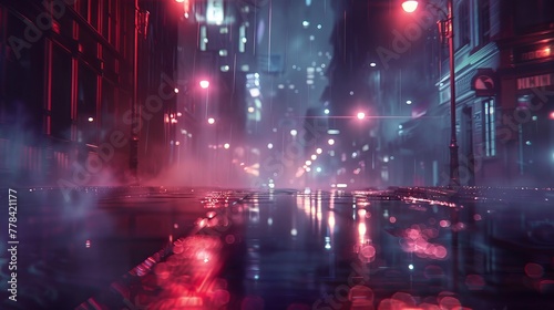 Nighttime city street with abstract spotlights shining down. Lights reflect off wet pavement, and smoke or fog creates an ethereal atmosphere.