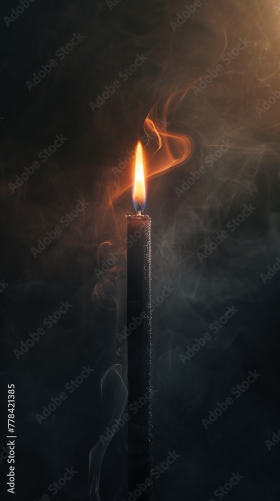 black candle on a dark background with fog. black candle on a dark background with fog.