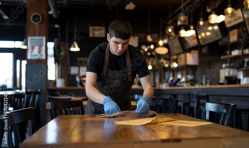 Disabled person working in a restaurant, cleaning a table, young man with handicap at work, symbol of inclusivity in the workplace, hiring employees with disabilities, diverse, inclusive environment photo