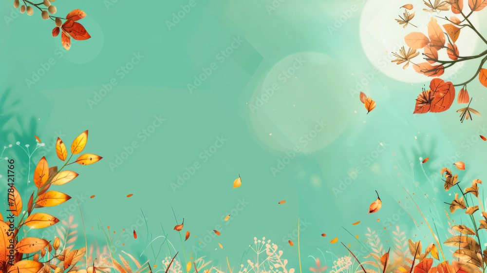 A serene image capturing the essence of fall with leaves and butterflies gently floating on a soft turquoise background with a bokeh effect