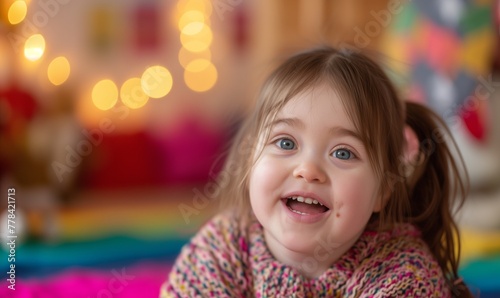 Close-up portrait of an adorable little girl laughing or smiling, playing in a colorful environment, at home or in kindergarten, cute, happy kid with Down's syndrome condition, genetic anomaly