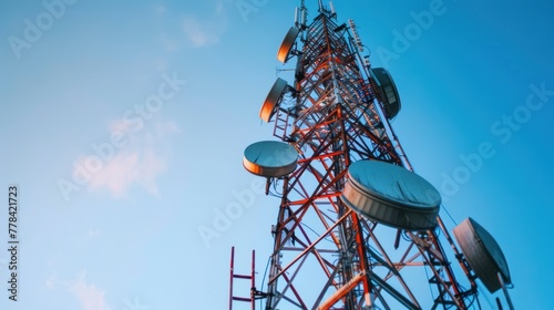 Telecommunications tower and satellite dish telecom network at sunset
