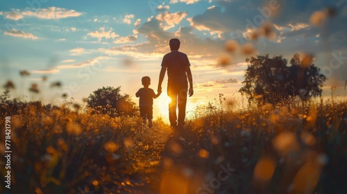 Man and Child Walking Through Field at Sunset