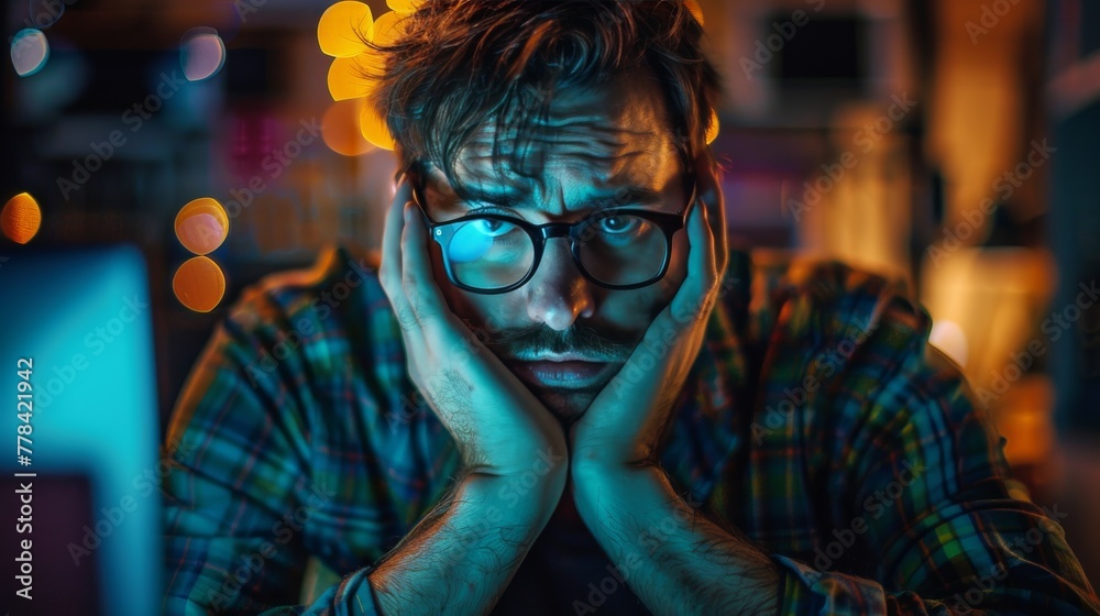 Man With Glasses Looking at Computer Screen Man With Glasses Looking at Computer Screen