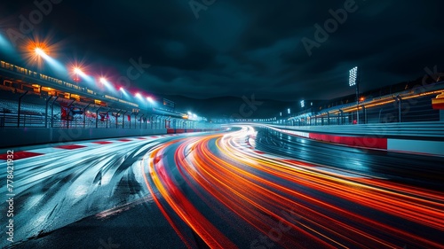 High-speed motion on racing circuit with vivid light trails