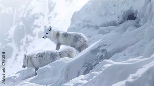 A pair of arctic foxes playing amidst the snow-covered slopes of an ice mountain, their fur blending seamlessly with the frozen landscape as they frolic in the winter sun.