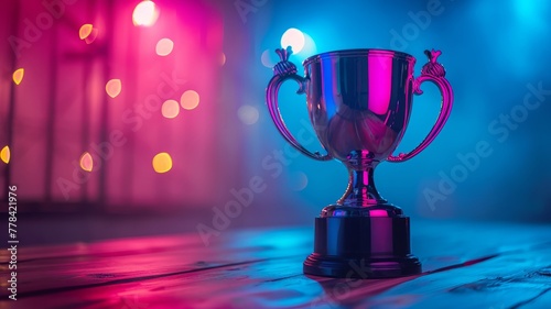 Gleaming trophy awaits winners on a stage with vibrant pink and blue lights