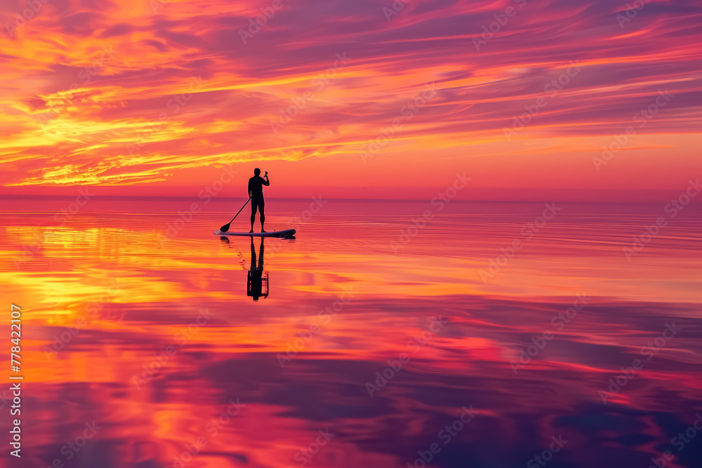 Silhouette of a person stand-up paddleboarding on calm waters with vibrant sunset sky