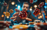 Man gambling with dice floating, gambling and casino concept.
