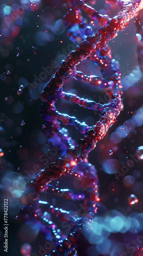 Intricately detailed, ultra-realistic depiction of a dna strand against a vibrant, dynamic backdrop