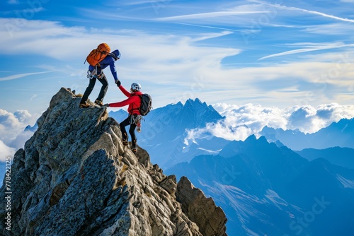 A man providing support and assistance as he helps another climber navigate the steep slopes of a mountain, A mountaineer aid a friend to reach the pinnacle, AI Generated photo