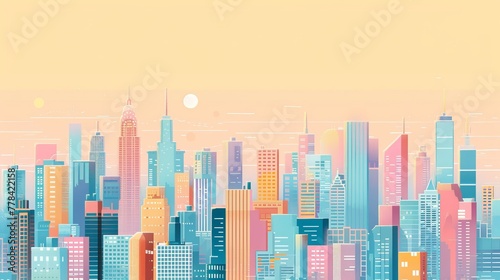 Minimalist Pastel Cityscape with Geometric Buildings.