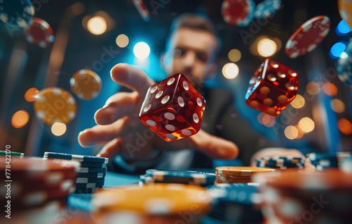 Man gambling with dice floating, gambling and casino concept.
 photo