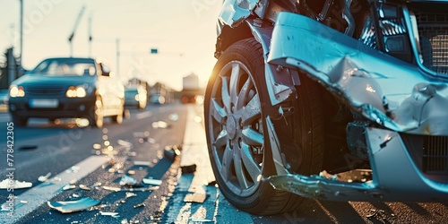 A serious car accident captured at sunset, with damaged vehicles and debris on an urban street. photo