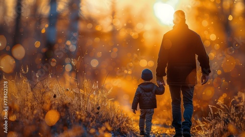 Man and Child Walking Through Field at Sunset