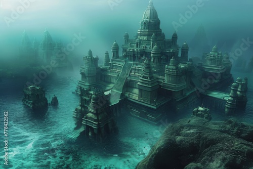 The photo captures an impressive underwater castle surrounded by the vastness of the ocean, A mysterious ancient sunken city, hidden deep underneath the ocean waves, AI Generated