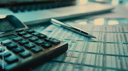 A calculator and pen rest on a financial document with numbers.