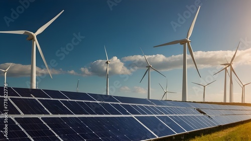 solar panels on the wind. a solar panel with wind turbines in the background, a stock photo.