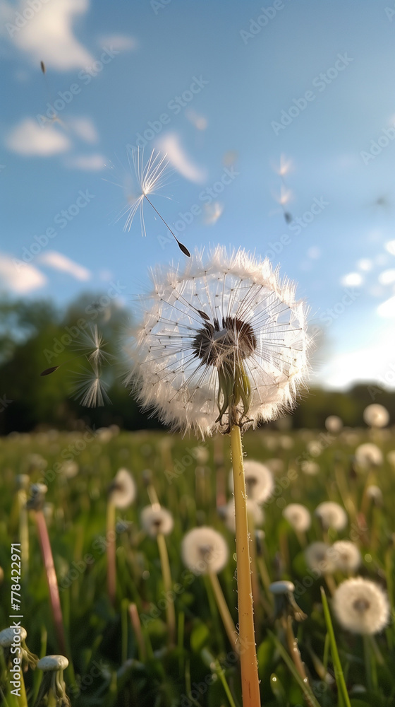 Peaceful image of dandelion seeds drifting through the air in autumn sun
