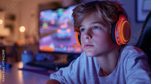 Young Boy With Headphones at Computer