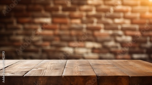 wooden table in brick wall
